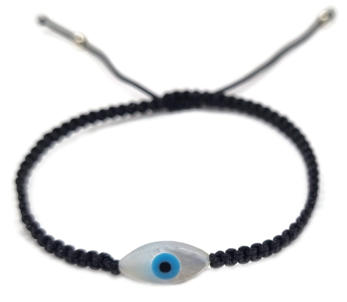 MYSTIC JEWELS By Dalia - Pulsera hilo de macrome Rojo con nácar y ojo turco, para buena suerte, protección Mal de Ojo, Good Luck (Ojo - Negro)