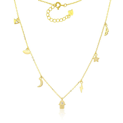 MYSTIC JEWELS - Collar Plata 925 Bañada en Oro – 7 Dijes: Triángulo, Ojo, Luna, Estrella, Rayo, Alas y Mano de Fátima con Circonita, Ajustable con Caja de Regalo