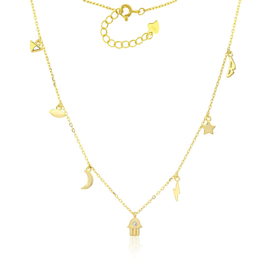 MYSTIC JEWELS - Collar Plata 925 Bañada en Oro – 7 Dijes: Triángulo, Ojo, Luna, Estrella, Rayo, Alas y Mano de Fátima con Circonita, Ajustable con Caja de Regalo