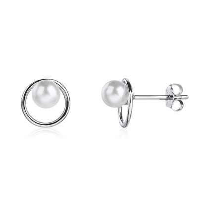 MYSTIC JEWELS - Pendientes de Plata de Ley 925, Diseño Circular con Perla, Studs Elegantes para Mujer, 10 mm