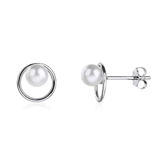 MYSTIC JEWELS - Pendientes de Plata de Ley 925, Diseño Circular con Perla, Studs Elegantes para Mujer, 10 mm