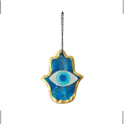MYSTIC JEWELS - Adorno de Pared Vidrio, Ojo Turco y Mano de Fátima, Azul, Marco Dorado, Tres Tamaños, para Buena Suerte