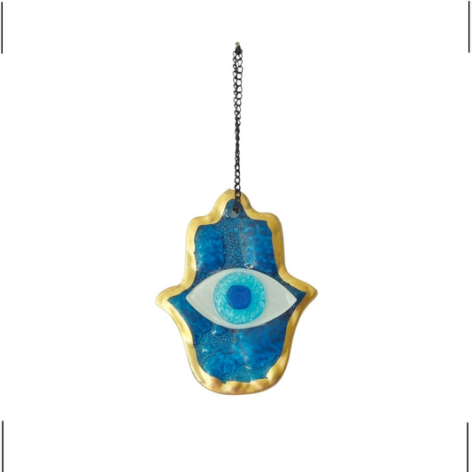 MYSTIC JEWELS - Adorno de Pared Vidrio, Ojo Turco y Mano de Fátima, Azul, Marco Dorado, Tres Tamaños, para Buena Suerte