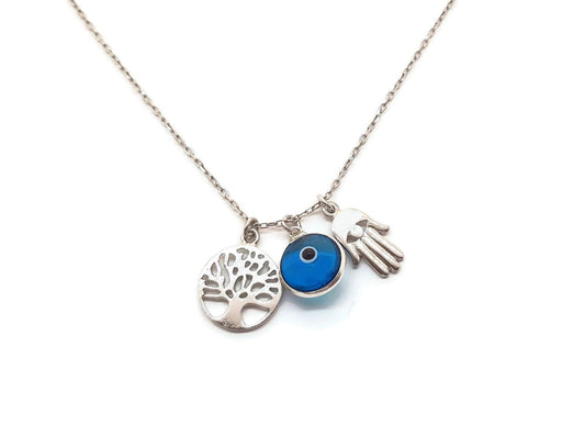 MYSTIC JEWELS - Collar Plata de ley 925 - Tres simbolos, Mano de Fatima & Arbol de la vida & Ojo de la buene suerte