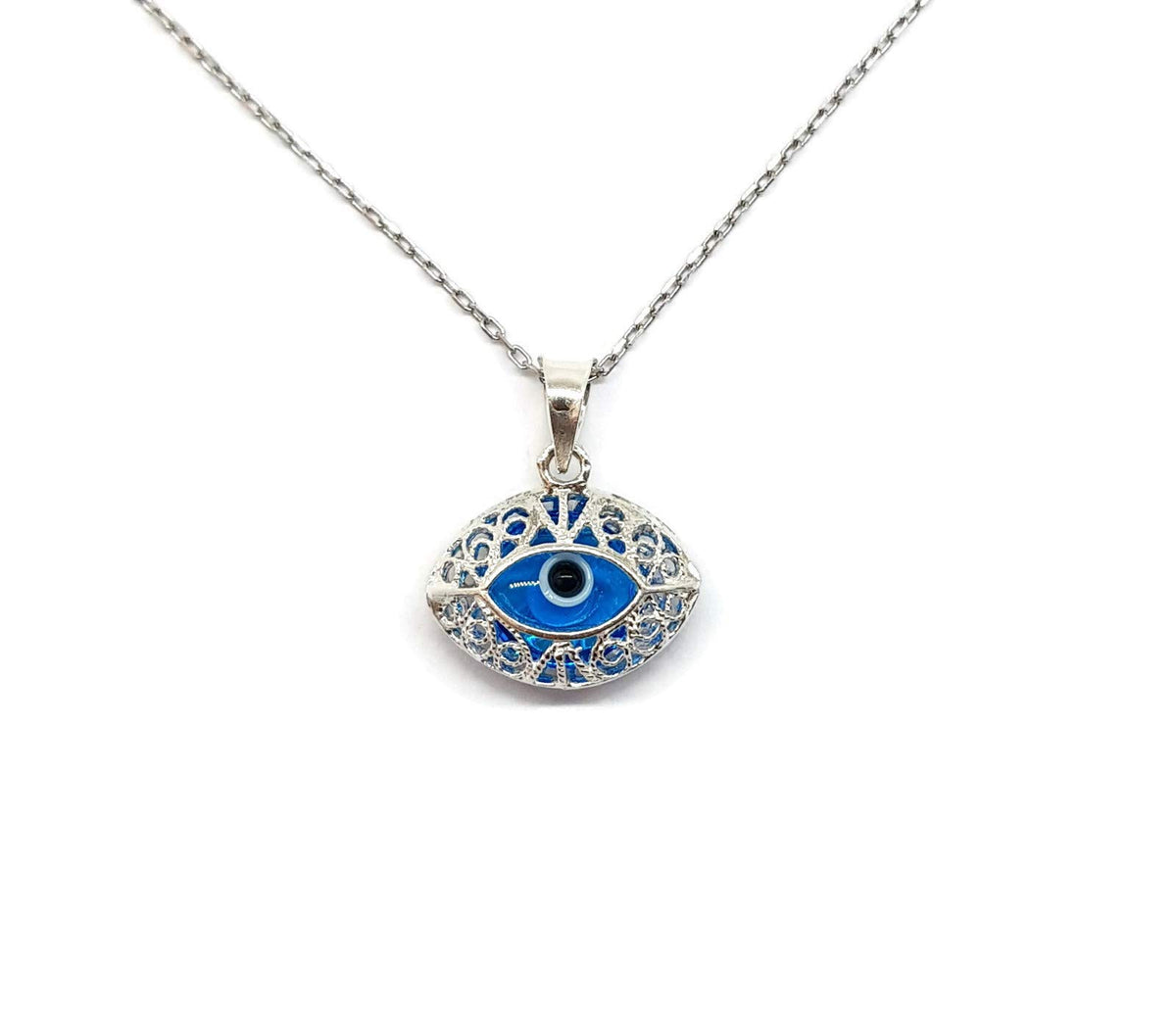 MYSTIC JEWELS - Collar Mal de Ojo Mujer en Plata de Ley 925 con Cristal – Colgante Ojo Turco Filigrana, Amuleto de Protección, Regalo Elegante (Ojo)