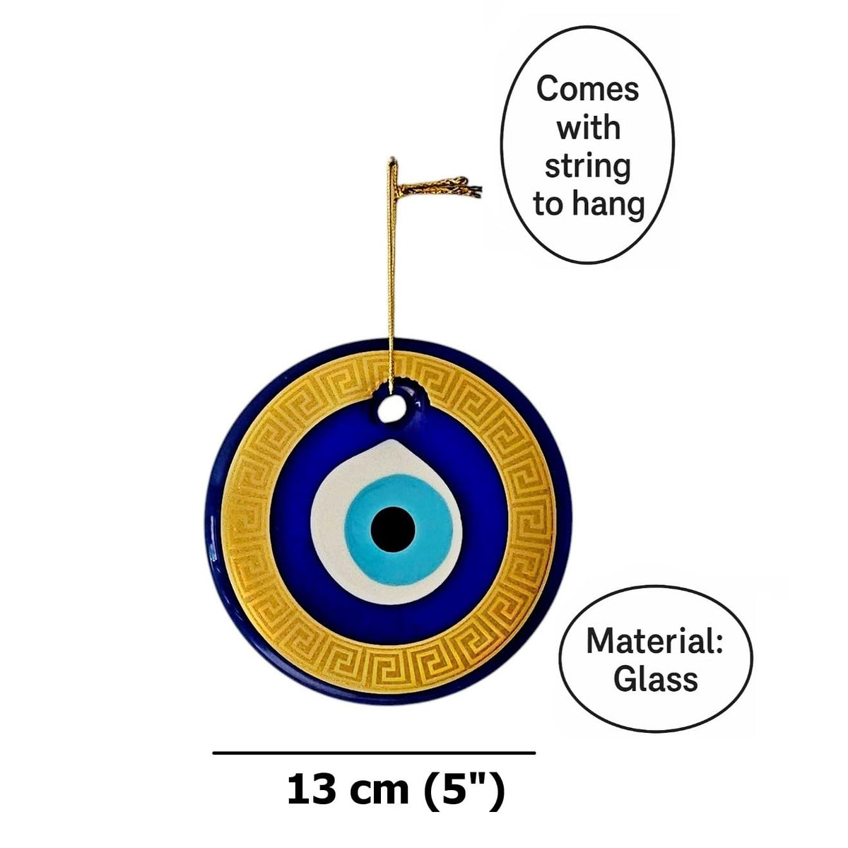 MYSTIC JEWELS Amuleto Ojo Turco de Pared 13 cm – Vidrio con marco dorado y diseño griego – Decoración colgante con cuerda – Caja de regalo incluida