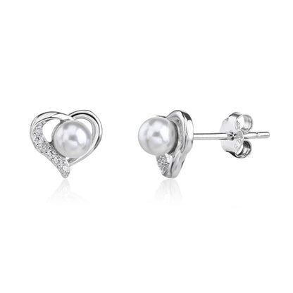MYSTIC JEWELS - Pendientes Corazón Plata de Ley 925 con Perlas de Agua Dulce – Pequeños 8 mm para Mujer – Hipoalergénicos – Regalo Elegante con Caja
