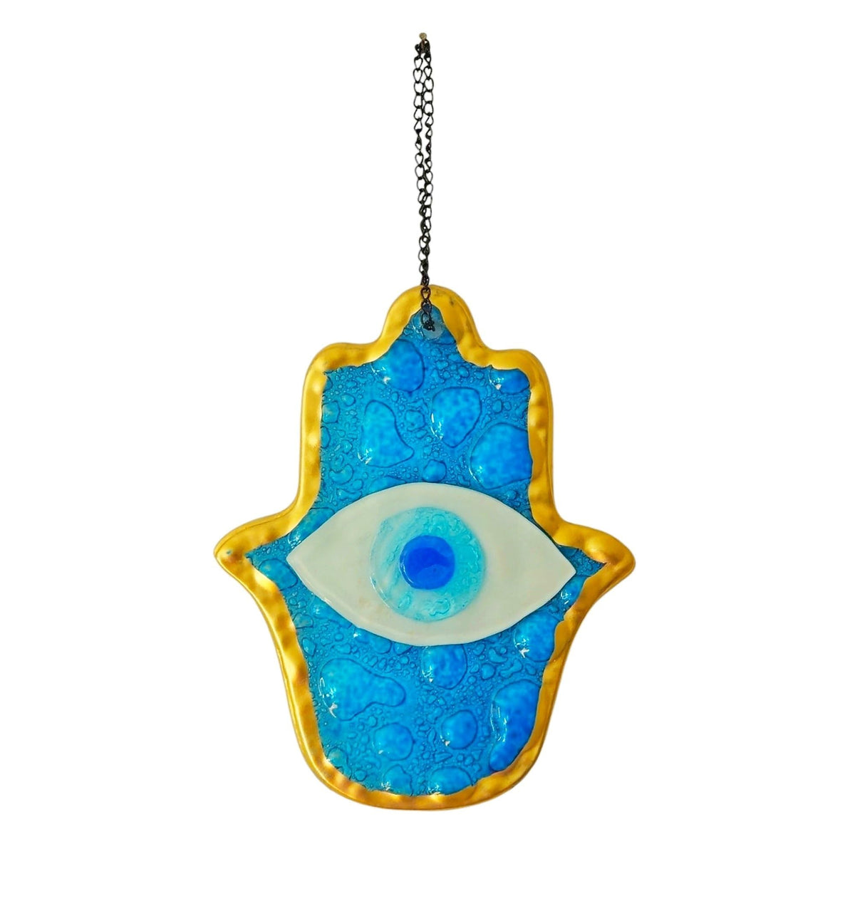 MYSTIC JEWELS - Adorno de Pared Vidrio, Ojo Turco y Mano de Fátima, Azul, Marco Dorado, Tres Tamaños, para Buena Suerte (Grande)