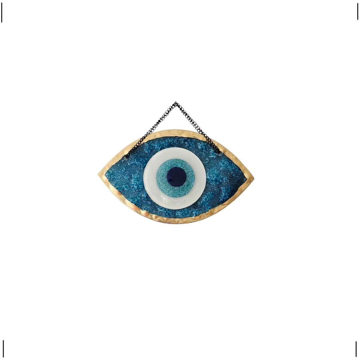 MYSTIC JEWELS - Adorno Ojo Turco Decorativo, Vidrio Azul y Blanco, Amuleto Suerte Marco en Dorado, 3 tamaños (Pequeño)