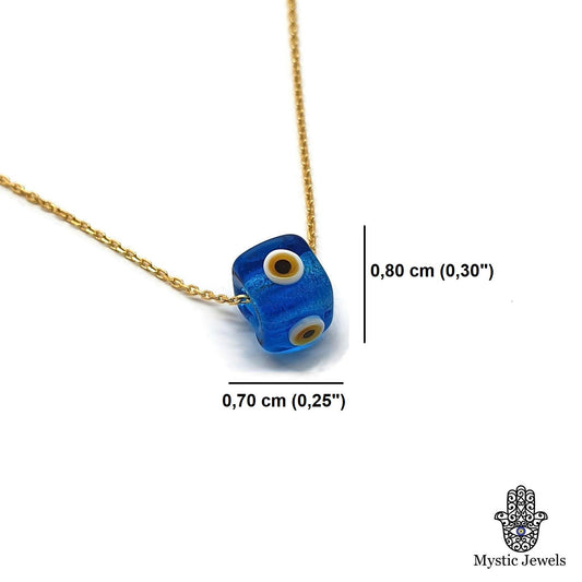 MYSTIC JEWELS by Dalia - Collar Mal de Ojo en forma cubo de Cristal Azul para la Buena Suerte - Cadena Plata de ley 925 con baño de Oro (Azul Transparente)