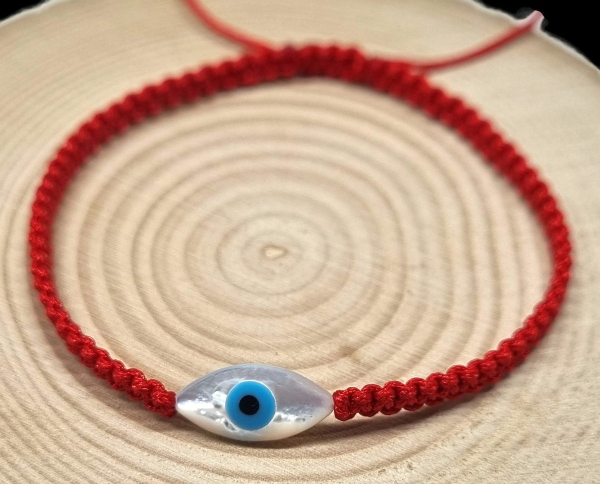 MYSTIC JEWELS By Dalia - Pulsera hilo de macrome Rojo con nácar y ojo turco, para buena suerte, protección Mal de Ojo, Good Luck (Ojo - Rojo)