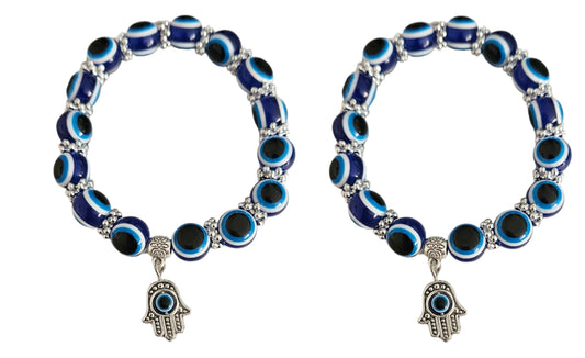 MYSTIC JEWELS - Pulsera Elástica De Protección Contra El Mal De Ojo, 2 Piezas Elásticas Amuleto De La Suerte Hamsa (Mano De Fátima); Blue Eye Bead Bracelets, Unisex Lucky Bracelet