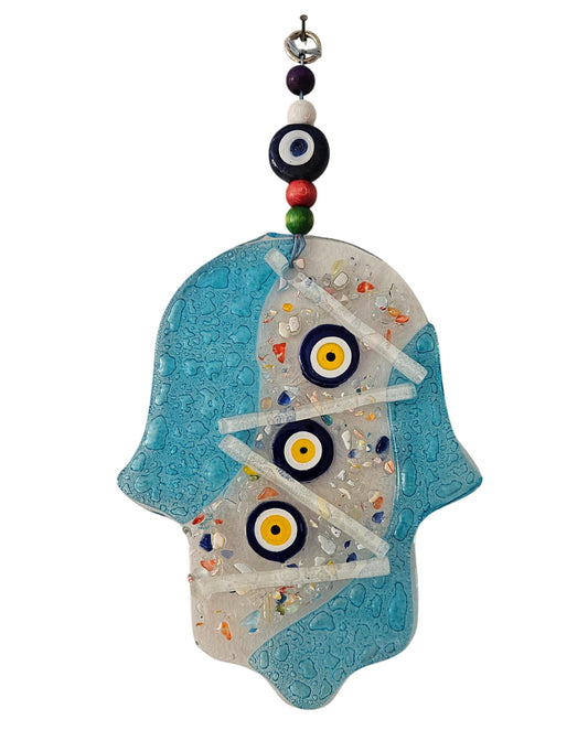MYSTIC JEWELS - Mano de Fátima Amuleto Colgante de Pared en Vidrio Mosaico, Ojo Turco, 12 x 20 cm, Decoración de Buena Suerte con Cuentas Multicolor, Ornamento de Protección para el Hogar