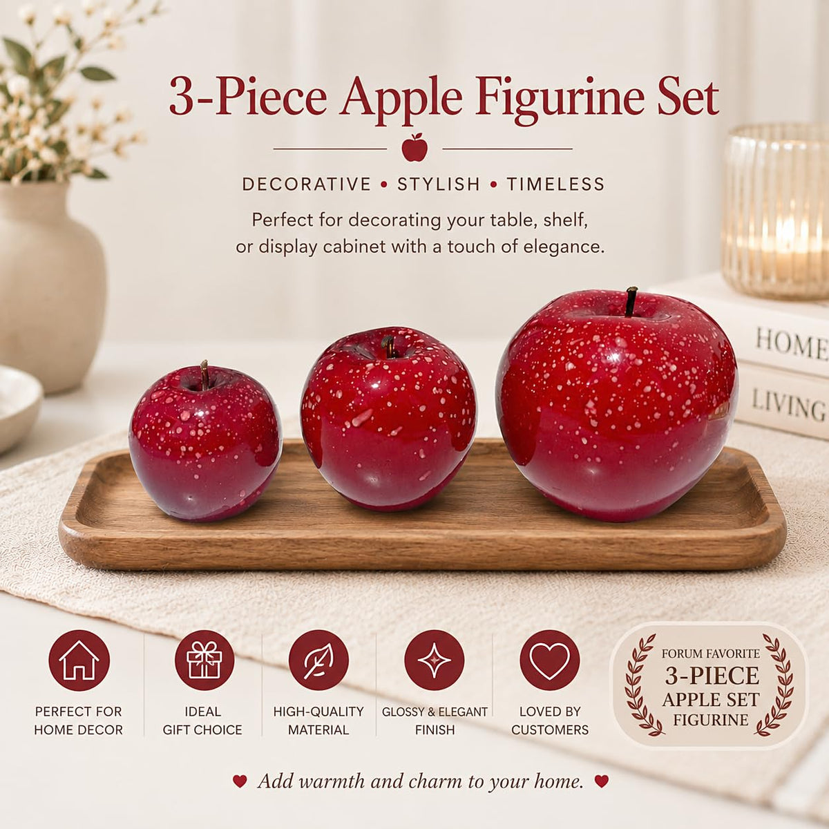 MYSTIC JEWELS - Manzana Decorativa Roja para Mesa, Figura Moderna para Decoración del Hogar, Ornamento de Poliéster