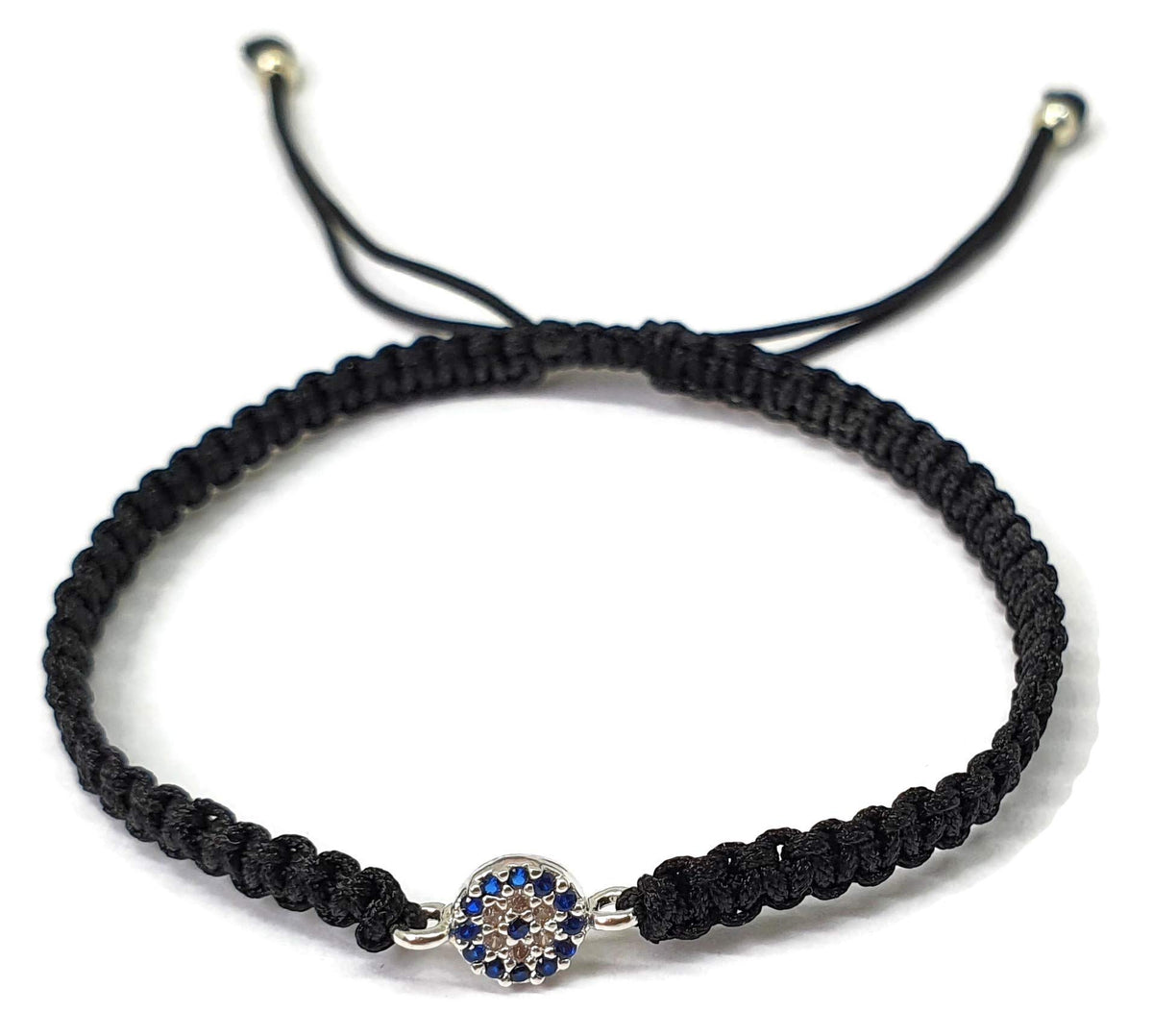 MYSTIC JEWELS by Dalia - Pulsera macramé clásica de mal de ojo en circonitas azules y blancas para buene suerte (Negro)