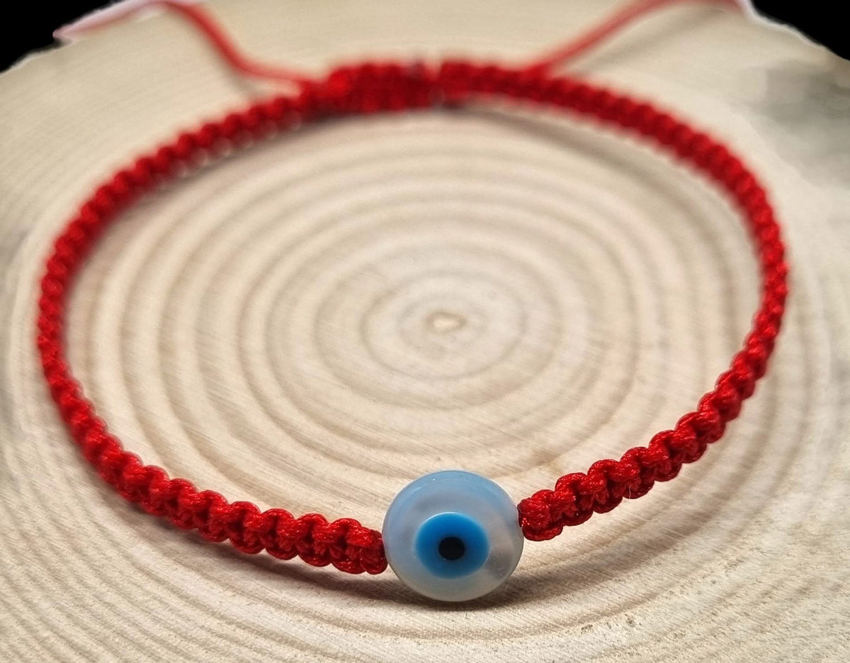 MYSTIC JEWELS By Dalia - Pulsera hilo de macrome Rojo con nácar y ojo turco, para buena suerte, protección Mal de Ojo, Good Luck (Redondo - Rojo)
