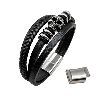 MYSTIC JEWELS - Pulsera de Cuero para Hombre en Acero Inoxidable - Negro - Ajustable - Diseño Moderno con Cajita de Regalo
