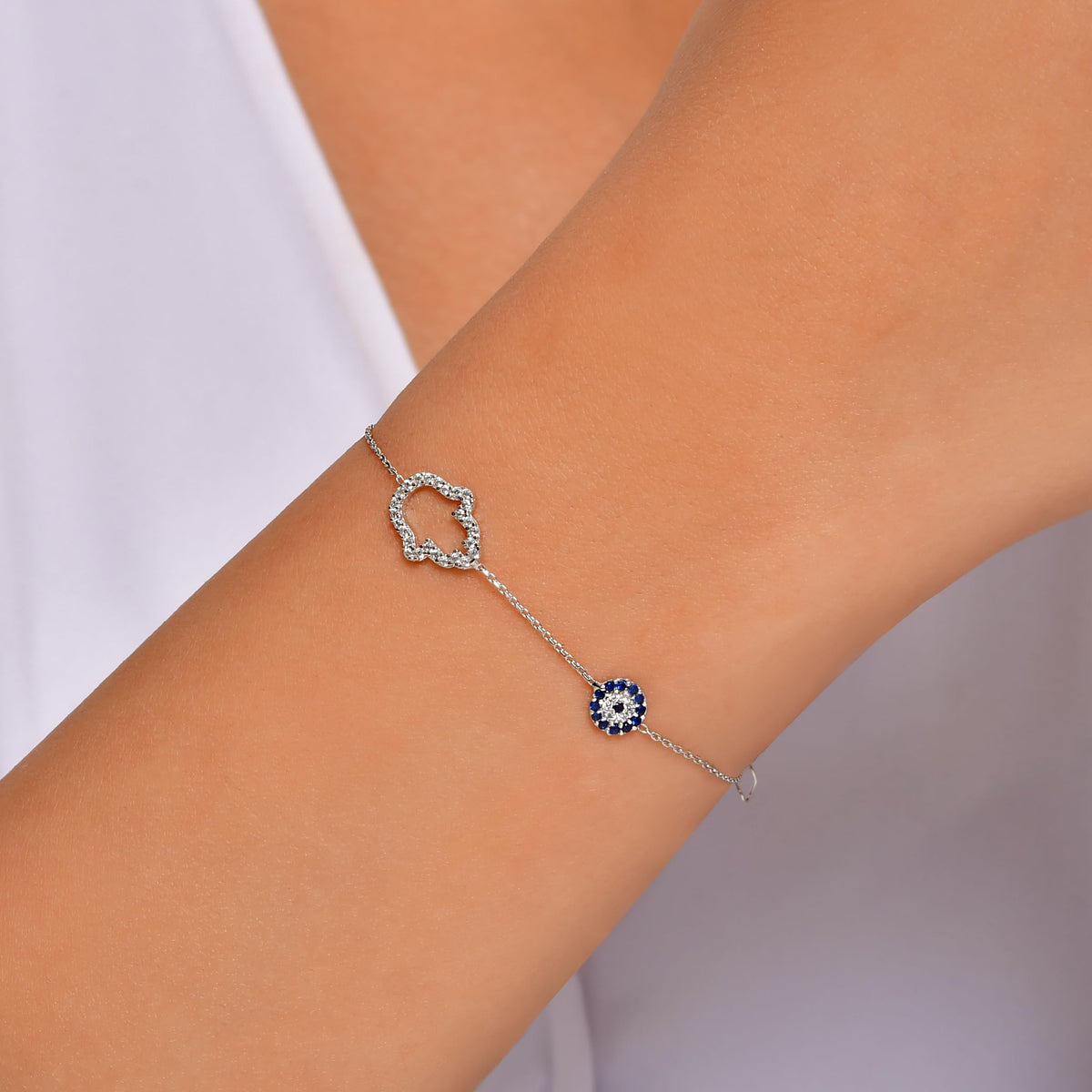 MYSTIC JEWELS - Pulsera de Plata de ley 925, circonita cúbica de Hamsa (Mano de Fátima) y Mal de Ojo Redondo, 16 + 2 cm