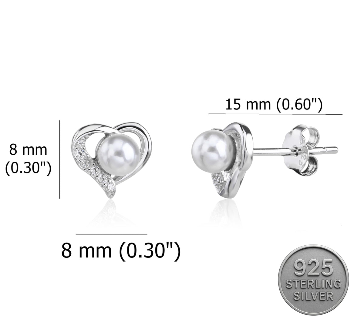 MYSTIC JEWELS - Pendientes Corazón Plata de Ley 925 con Perlas de Agua Dulce – Pequeños 8 mm para Mujer – Hipoalergénicos – Regalo Elegante con Caja