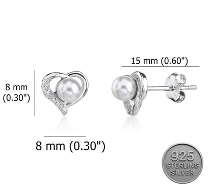 MYSTIC JEWELS - Pendientes Corazón Plata de Ley 925 con Perlas de Agua Dulce – Pequeños 8 mm para Mujer – Hipoalergénicos – Regalo Elegante con Caja
