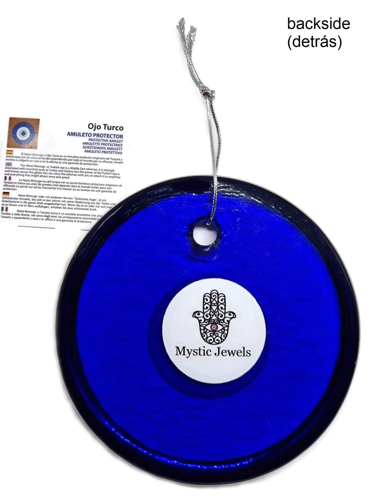 MYSTIC JEWELS - Ojo Turco Grande 12 cm Approx con Agujero, Cristal contra el Mal de Ojo, Azul y Blanco, Encantos de Buena Suerte para Colgar en La Pared (Plateado)