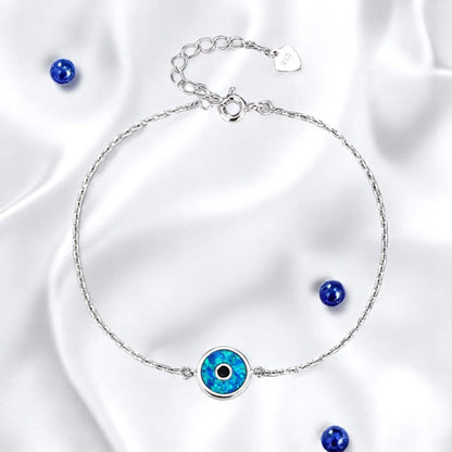 MYSTIC JEWELS – Pulsera Ojo Turco de Ópalo Sintético – Plata de ley 925 con Baño de Rodio – Diseño Redondo Elegante – Ajustable 16 + 3 cm – Con Bolsita de Regalo