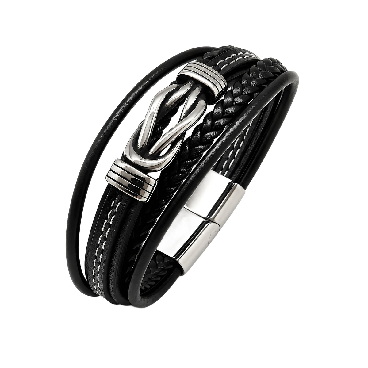 MYSTIC JEWELS - Pulsera de Cuero para Hombre en Acero Inoxidable - Negro - Ajustable - Diseño Moderno con Cajita de Regalo (Infinito)