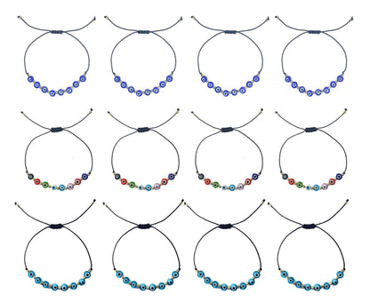 MYSTIC JEWELS - Pulsera Ojo Turco Ajustable – Pack 12 Pulseras de Hilo con Ojos Turcos de Cristal - Pulsera de Protección Unisex – Ajustable 13–21 cm (Surtido (12 piezas))