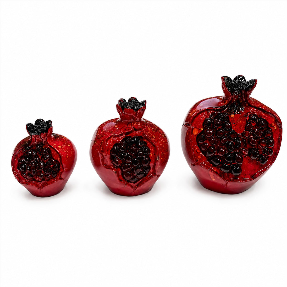 MYSTIC JEWELS - Set de 3 Granadas Decorativas de Cerámica Roja Brillante para Mesa, Estantería y Hogar
