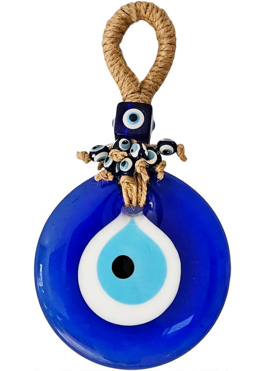 MYSTIC JEWELS - Amuleto Turco Nazar de Vidrio Azul, Colgante de Ojo Protector, 9 cm, con Cordón de Yute, Decoración para Pared