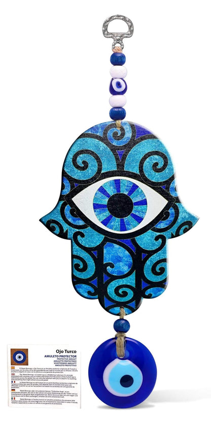 MYSTIC JEWELS - Hamsa de la Mano de Fatima en Madera con Ojo Turco para Buene Suerte y Energia en Casa (Color 8)