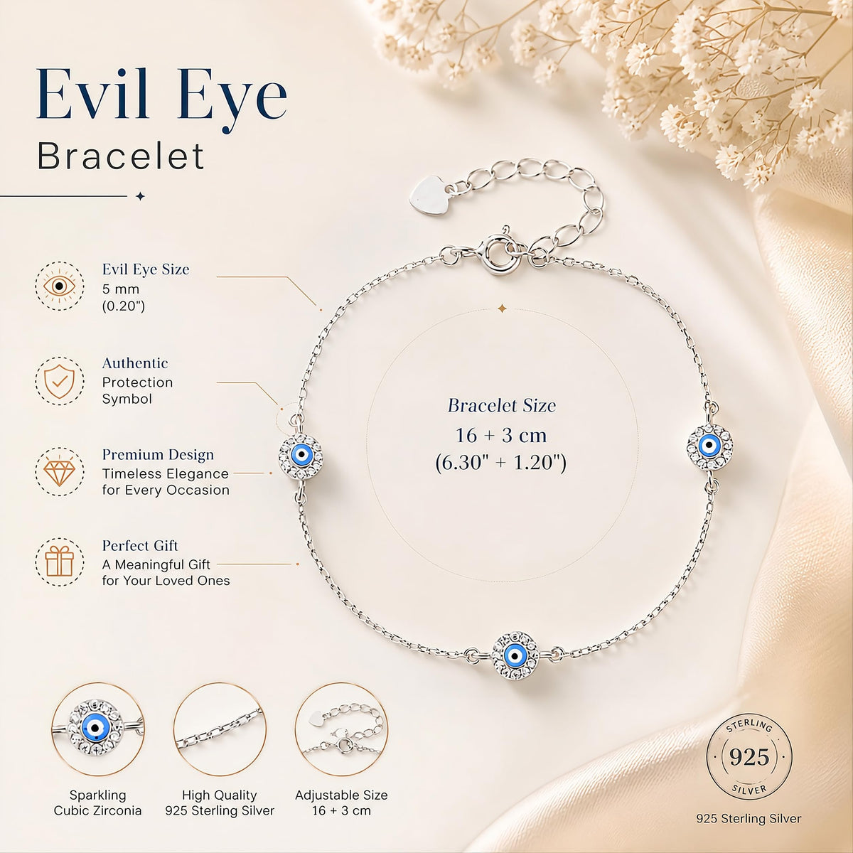 MYSTIC JEWELS - Pulsera Ojo Turco de Plata 925 con Baño de Rodio, 3 Mini Amuletos Evil Eye con Circonitas, Cadena Ajustable 16+3 cm, Joyería de Protección