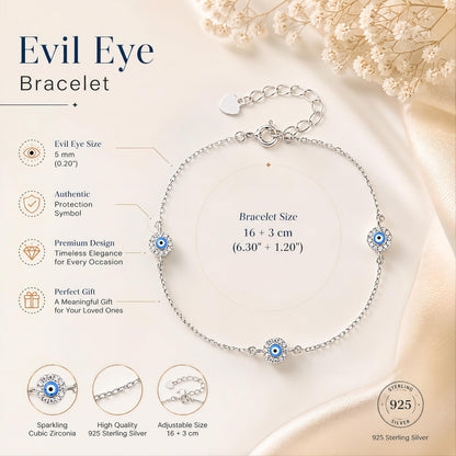 MYSTIC JEWELS - Pulsera Ojo Turco de Plata 925 con Baño de Rodio, 3 Mini Amuletos Evil Eye con Circonitas, Cadena Ajustable 16+3 cm, Joyería de Protección