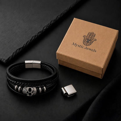 MYSTIC JEWELS - Pulsera de Cuero para Hombre en Acero Inoxidable - Negro - Ajustable - Diseño Moderno con Cajita de Regalo