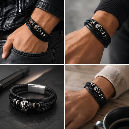 MYSTIC JEWELS - Pulsera de Cuero para Hombre en Acero Inoxidable - Negro - Ajustable - Diseño Moderno con Cajita de Regalo
