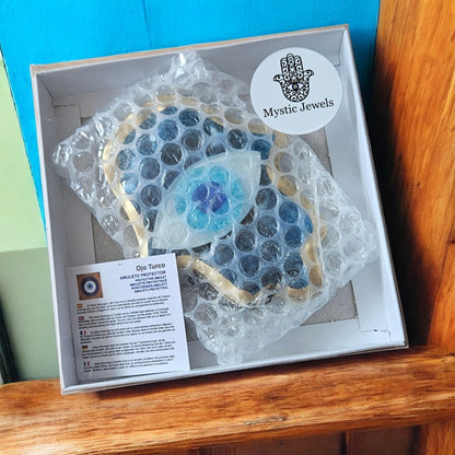 MYSTIC JEWELS - Adorno de Pared Vidrio, Ojo Turco y Mano de Fátima, Azul, Marco Dorado, Tres Tamaños, para Buena Suerte