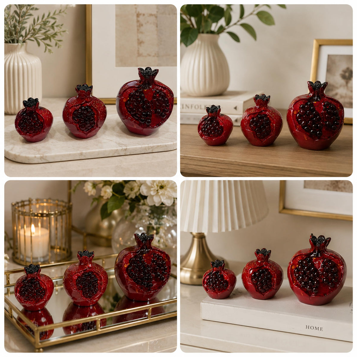 MYSTIC JEWELS - Set de 3 Granadas Decorativas de Cerámica Roja Brillante para Mesa, Estantería y Hogar