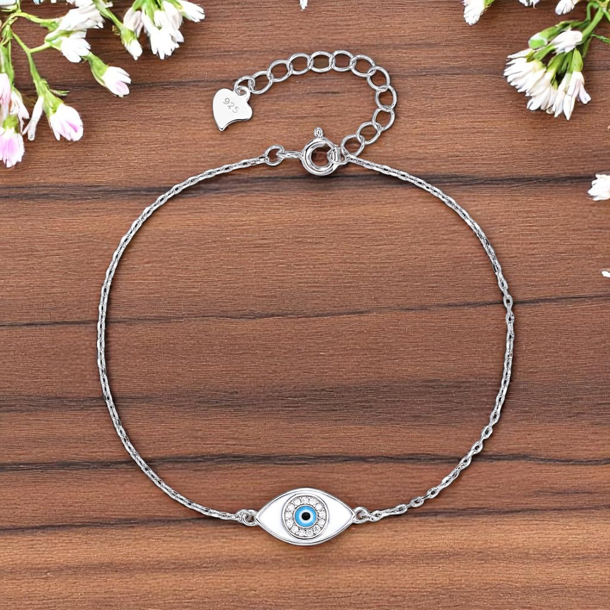 MYSTIC JEWELS – Pulsera de Cadena con Ojo Protector en Plata de Ley 925 – Esmalte Blanco y Azul – Estilo Fino y Minimalista – Ajustable 16 + 3 cm – Incluye Bolsita Regalo