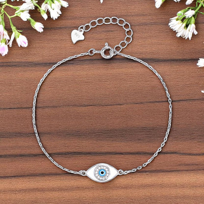 MYSTIC JEWELS – Pulsera de Cadena con Ojo Protector en Plata de Ley 925 – Esmalte Blanco y Azul – Estilo Fino y Minimalista – Ajustable 16 + 3 cm – Incluye Bolsita Regalo
