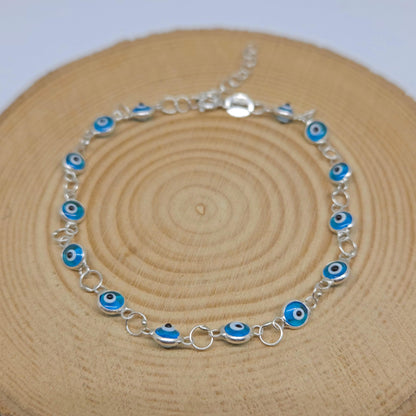 MYSTIC JEWELS - Pulsera de Plata de Ley 925 con Ojitos de la Buena Suerte, 14 Ojitos de 4 mm, con Extensión de Cadena