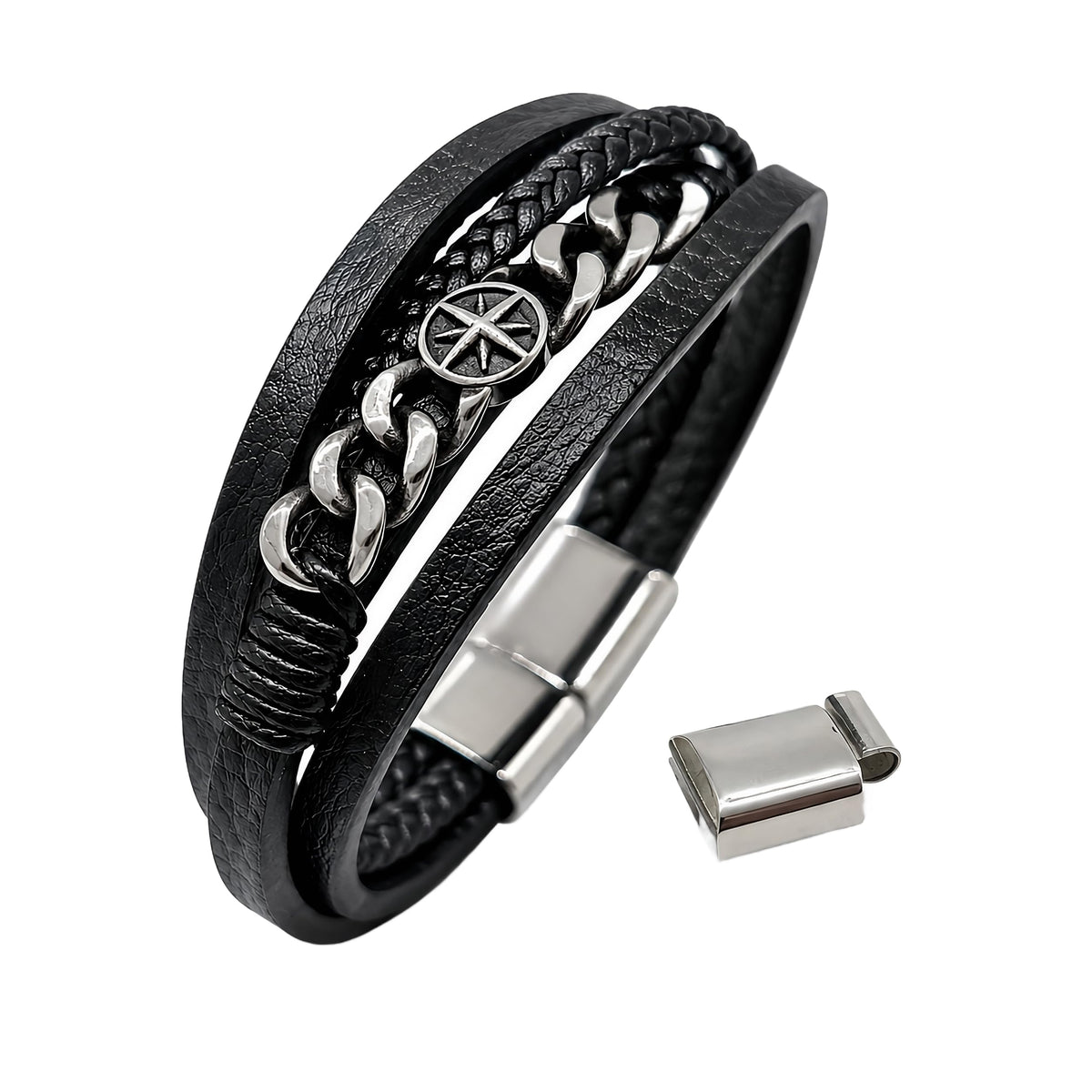 MYSTIC JEWELS - Pulsera de Cuero para Hombre en Acero Inoxidable - Negro - Ajustable - Diseño Moderno con Cajita de Regalo (Marino)