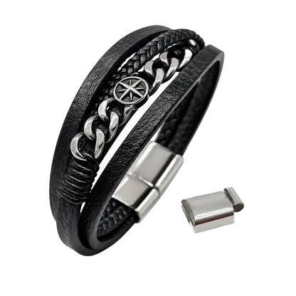 MYSTIC JEWELS - Pulsera de Cuero para Hombre en Acero Inoxidable - Negro - Ajustable - Diseño Moderno con Cajita de Regalo (Marino)