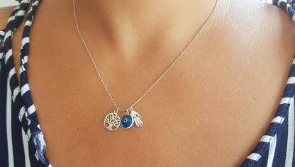 MYSTIC JEWELS - Collar Plata de ley 925 - Tres simbolos, Mano de Fatima & Arbol de la vida & Ojo de la buene suerte