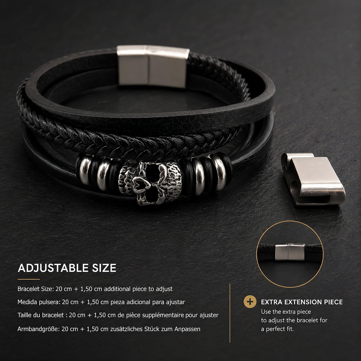 MYSTIC JEWELS - Pulsera de Cuero para Hombre en Acero Inoxidable - Negro - Ajustable - Diseño Moderno con Cajita de Regalo
