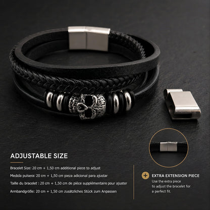 MYSTIC JEWELS - Pulsera de Cuero para Hombre en Acero Inoxidable - Negro - Ajustable - Diseño Moderno con Cajita de Regalo