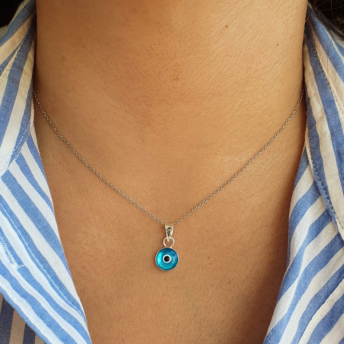 MYSTIC JEWELS - Collar Mal de Ojo de Cristal Azul para la Buena Suerte - Plata de Ley 925 - - Cadena 40 a 45 cm Longitud,por protección para Mal de Ojo
