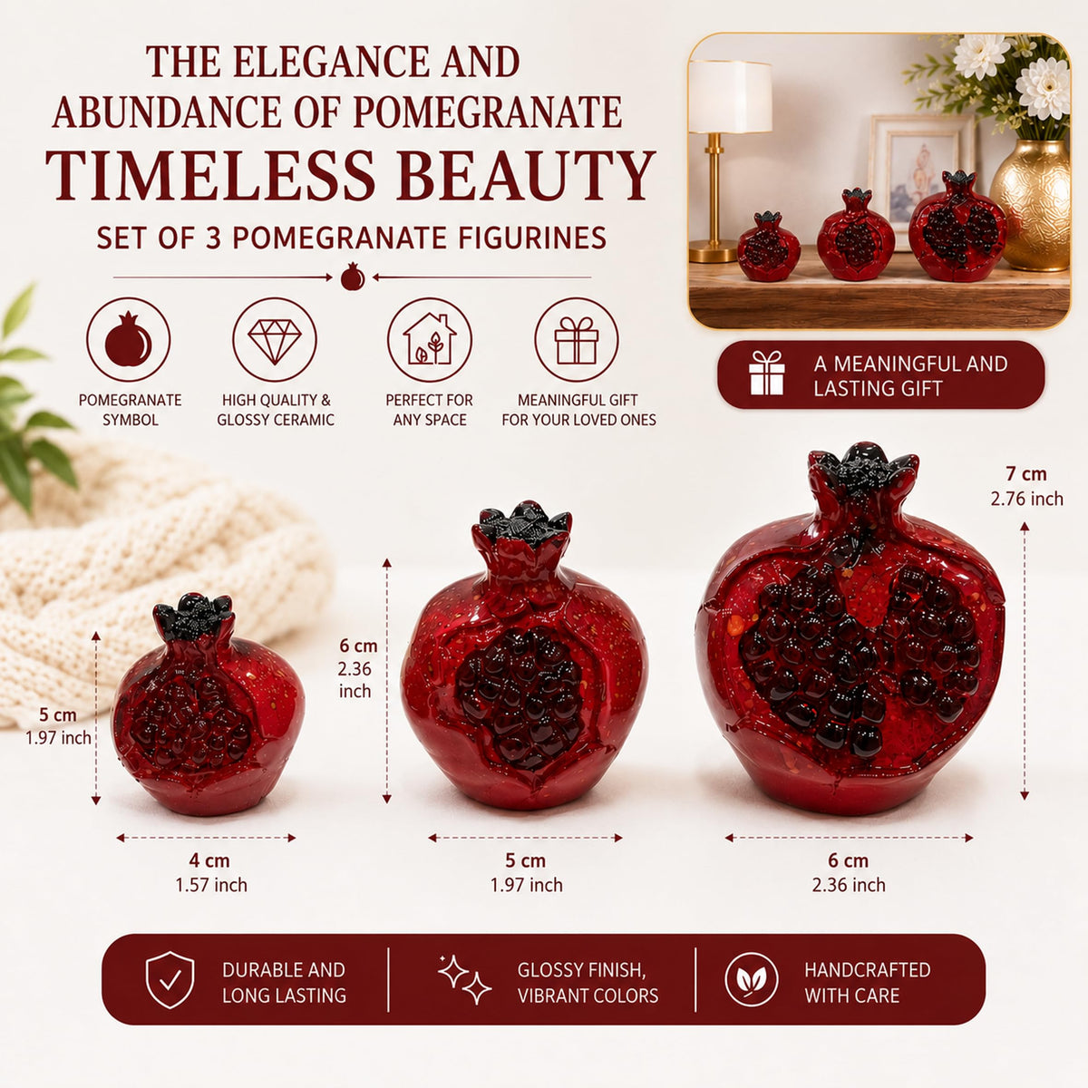 MYSTIC JEWELS - Set de 3 Granadas Decorativas de Cerámica Roja Brillante para Mesa, Estantería y Hogar