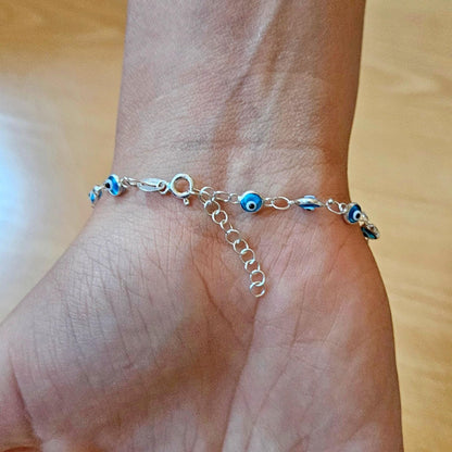 MYSTIC JEWELS - Pulsera de Plata de Ley 925 con Ojitos de la Buena Suerte, 14 Ojitos de 4 mm, con Extensión de Cadena