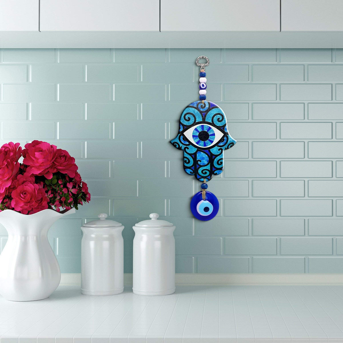MYSTIC JEWELS - Hamsa de la Mano de Fatima en Madera con Ojo Turco para Buene Suerte y Energia en Casa (Color 8)