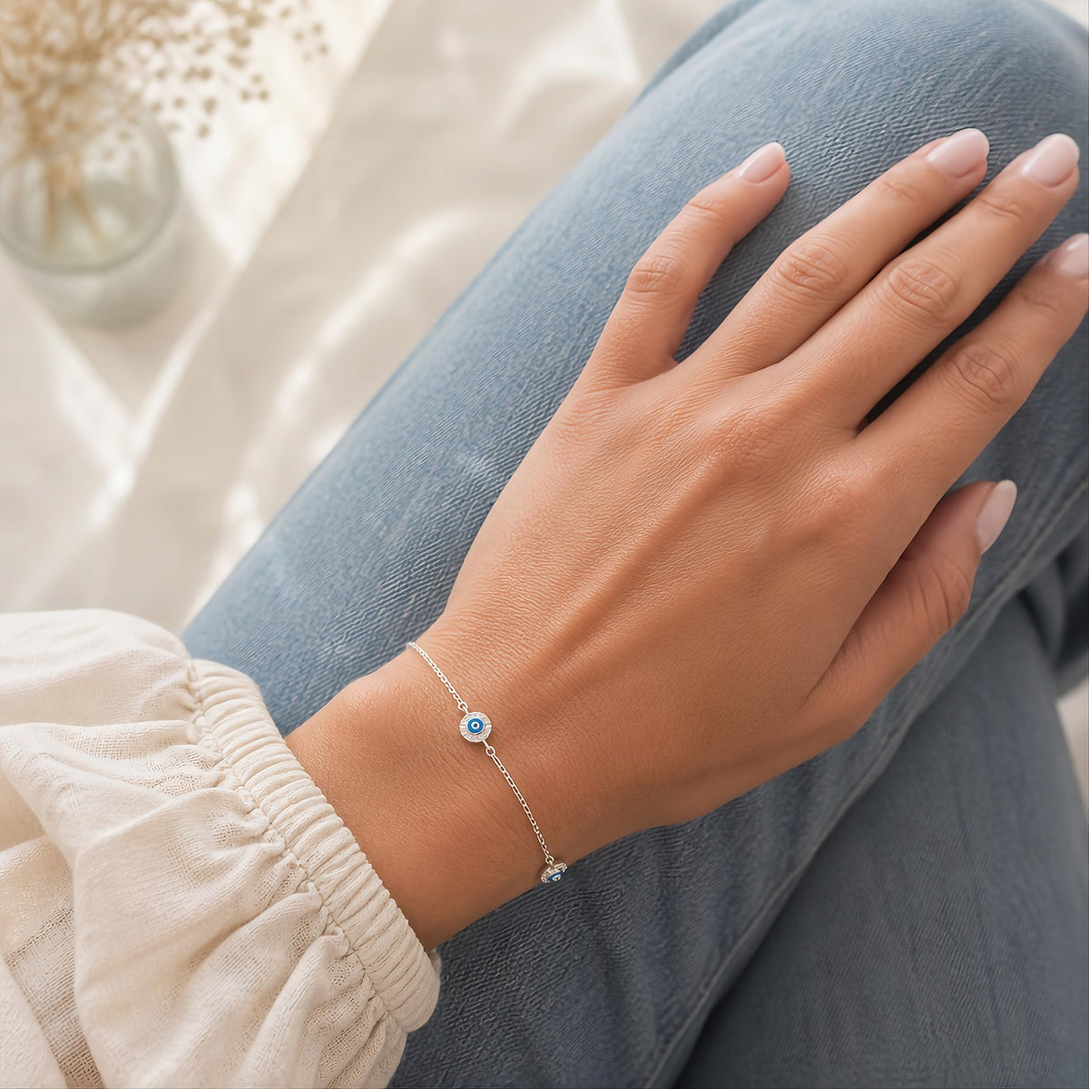 MYSTIC JEWELS - Pulsera Ojo Turco de Plata 925 con Baño de Rodio, 3 Mini Amuletos Evil Eye con Circonitas, Cadena Ajustable 16+3 cm, Joyería de Protección